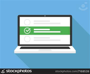 Vector Laptop with checklist on blue background with shadow. Isolated vector illustration. Online Survey. Questionnaire document concept. Flat design. EPS 10