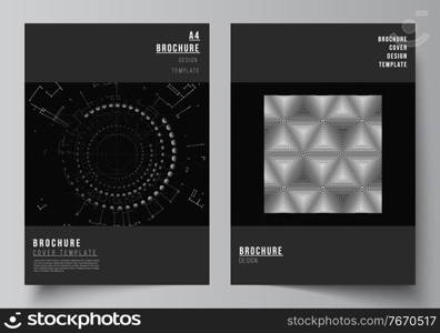 Vector layout of A4 cover design templates for brochure, flyer layout, booklet, cover design, book design. Black color technology background. Digital visualization of science, medicine, tech concept. Vector layout of A4 cover design templates for brochure, flyer layout, booklet, cover design, book design. Black color technology background. Digital visualization of science, medicine, tech concept.