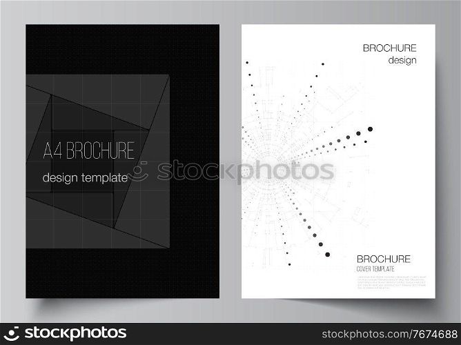 Vector layout of A4 cover design templates for brochure, flyer layout, booklet, cover design, book design. Black color technology background. Digital visualization of science, medicine, tech concept. Vector layout of A4 cover design templates for brochure, flyer layout, booklet, cover design, book design. Black color technology background. Digital visualization of science, medicine, tech concept.