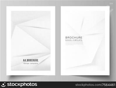 Vector layout of A4 cover mockups design templates for brochure, flyer layout, cover design, book design, brochure cover. Halftone dotted background with gray dots, abstract gradient background. Vector layout of A4 cover mockups design templates for brochure, flyer layout, cover design, book design, brochure cover. Halftone dotted background with gray dots, abstract gradient background.