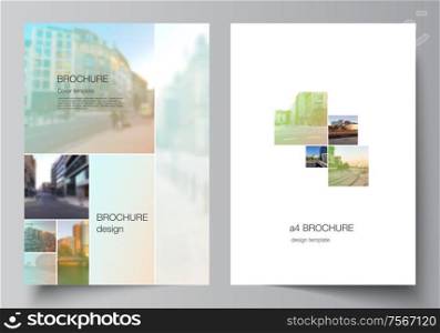 Vector layout of A4 cover mockups design templates for brochure, flyer layout, booklet, cover design, book design, brochure cover. Abstract project with clipping mask green squares for your photo. Vector layout of A4 cover mockups design templates for brochure, flyer layout, booklet, cover design, book design, brochure cover. Abstract project with clipping mask green squares for your photo.
