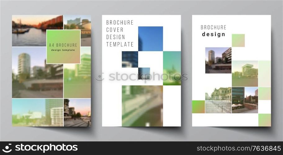 Vector layout of A4 cover mockups design templates for brochure, flyer layout, booklet, cover design, book design, brochure cover. Abstract project with clipping mask green squares for your photo. Vector layout of A4 cover mockups design templates for brochure, flyer layout, booklet, cover design, book design, brochure cover. Abstract project with clipping mask green squares for your photo.