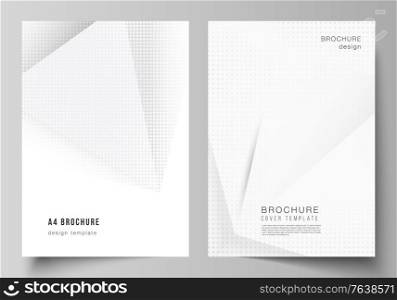 Vector layout of A4 cover mockups design templates for brochure, flyer layout, cover design, book design, brochure cover. Halftone dotted background with gray dots, abstract gradient background. Vector layout of A4 cover mockups design templates for brochure, flyer layout, cover design, book design, brochure cover. Halftone dotted background with gray dots, abstract gradient background.