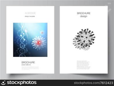 Vector layout of A4 cover mockups templates for brochure, flyer layout, booklet, cover design, book design. 3d medical background of corona virus. Covid 19, coronavirus infection. Virus concept. Vector layout of A4 cover mockups templates for brochure, flyer layout, booklet, cover design, book design. 3d medical background of corona virus. Covid 19, coronavirus infection. Virus concept.