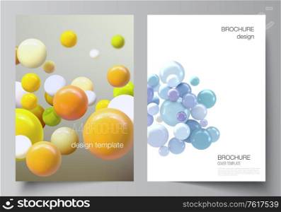Vector layout of A4 cover mockups templates for brochure, flyer layout, booklet, cover design, book design, brochure cover. Realistic vector background with multicolored 3d spheres, bubbles, balls. Vector layout of A4 cover mockups templates for brochure, flyer layout, booklet, cover design, book design, brochure cover. Realistic vector background with multicolored 3d spheres, bubbles, balls.