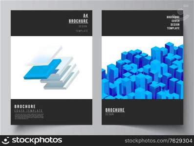 Vector layout of A4 cover mockups templates for brochure, flyer layout, booklet, cover design, book design. 3d render vector composition with dynamic realistic geometric blue shapes in motion. Vector layout of A4 cover mockups templates for brochure, flyer layout, booklet, cover design, book design. 3d render vector composition with dynamic realistic geometric blue shapes in motion.