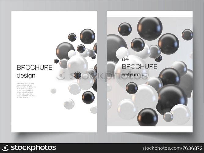 Vector layout of A4 cover mockups templates for brochure, flyer layout, booklet, cover design, book design. Abstract vector futuristic background with colorful 3d spheres, glossy bubbles, balls. Vector layout of A4 cover mockups templates for brochure, flyer layout, booklet, cover design, book design. Abstract vector futuristic background with colorful 3d spheres, glossy bubbles, balls.