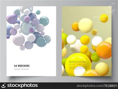 Vector layout of A4 cover mockups templates for brochure, flyer layout, booklet, cover design, book design. Abstract vector futuristic background with colorful 3d spheres, glossy bubbles, balls. Vector layout of A4 cover mockups templates for brochure, flyer layout, booklet, cover design, book design. Abstract vector futuristic background with colorful 3d spheres, glossy bubbles, balls.