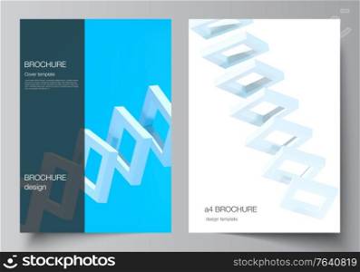 Vector layout of A4 cover mockups templates for brochure, flyer layout, booklet, cover design, book design. 3d render vector composition with dynamic realistic geometric blue shapes in motion. Vector layout of A4 cover mockups templates for brochure, flyer layout, booklet, cover design, book design. 3d render vector composition with dynamic realistic geometric blue shapes in motion.