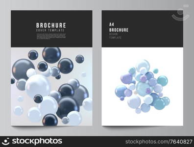 Vector layout of A4 cover mockups templates for brochure, flyer layout, booklet, cover design, book design, brochure cover. Realistic vector background with multicolored 3d spheres, bubbles, balls. Vector layout of A4 cover mockups templates for brochure, flyer layout, booklet, cover design, book design, brochure cover. Realistic vector background with multicolored 3d spheres, bubbles, balls.