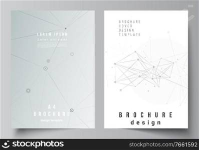 Vector layout of A4 cover mockups templates for brochure, flyer layout, booklet, cover design, book design, brochure cover. Gray technology background with connecting lines and dots. Network concept. Vector layout of A4 cover mockups templates for brochure, flyer layout, booklet, cover design, book design, brochure cover. Gray technology background with connecting lines and dots. Network concept.