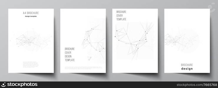 Vector layout of A4 cover mockups templates for brochure, flyer layout, booklet, cover design, book design, brochure cover. Gray technology background with connecting lines and dots. Network concept. Vector layout of A4 cover mockups templates for brochure, flyer layout, booklet, cover design, book design, brochure cover. Gray technology background with connecting lines and dots. Network concept.