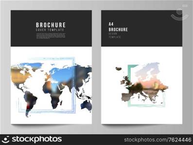 Vector layout of A4 cover mockups templates for brochure, flyer layout, cover design, book design, brochure cover. Design template in the form of world maps and colored frames, insert your photo. Vector layout of A4 cover mockups templates for brochure, flyer layout, cover design, book design, brochure cover. Design template in the form of world maps and colored frames, insert your photo.