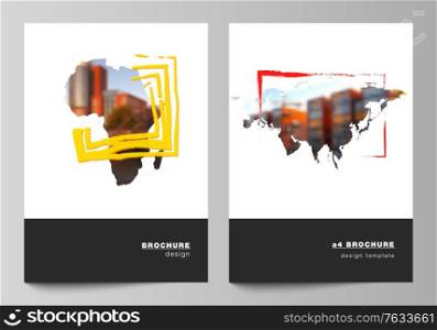 Vector layout of A4 cover mockups templates for brochure, flyer layout, cover design, book design, brochure cover. Design template in the form of world maps and colored frames, insert your photo. Vector layout of A4 cover mockups templates for brochure, flyer layout, cover design, book design, brochure cover. Design template in the form of world maps and colored frames, insert your photo.