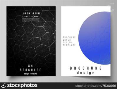Vector layout of A4 format cover mockups design templates for brochure, flyer. Digital technology and big data concept with hexagons, connecting dots and lines, polygonal science medical background. Vector layout of A4 format cover mockups design templates for brochure, flyer. Digital technology and big data concept with hexagons, connecting dots and lines, polygonal science medical background.