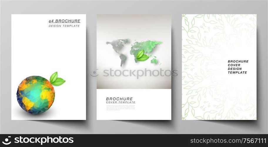 Vector layout of A4 format cover mockups design templates for brochure, flyer, booklet, cover design, book design, brochure cover. Save Earth planet concept. Sustainable development global concept. Vector layout of A4 format cover mockups design templates for brochure, flyer, booklet, cover design, book design, brochure cover. Save Earth planet concept. Sustainable development global concept.