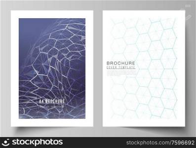 Vector layout of A4 format cover mockups design templates for brochure, flyer. Digital technology and big data concept with hexagons, connecting dots and lines, polygonal science medical background. Vector layout of A4 format cover mockups design templates for brochure, flyer. Digital technology and big data concept with hexagons, connecting dots and lines, polygonal science medical background.