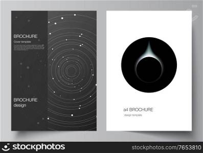 Vector layout of A4 format cover mockups design templates for brochure, flyer layout, booklet, cover design, book design, brochure cover. Tech science future background, space astronomy concept. Vector layout of A4 format cover mockups design templates for brochure, flyer layout, booklet, cover design, book design, brochure cover. Tech science future background, space astronomy concept.