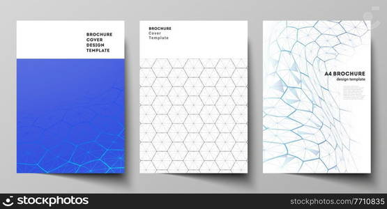 Vector layout of A4 format cover mockups design templates for brochure, flyer. Digital technology and big data concept with hexagons, connecting dots and lines, polygonal science medical background. Vector layout of A4 format cover mockups design templates for brochure, flyer. Digital technology and big data concept with hexagons, connecting dots and lines, polygonal science medical background.