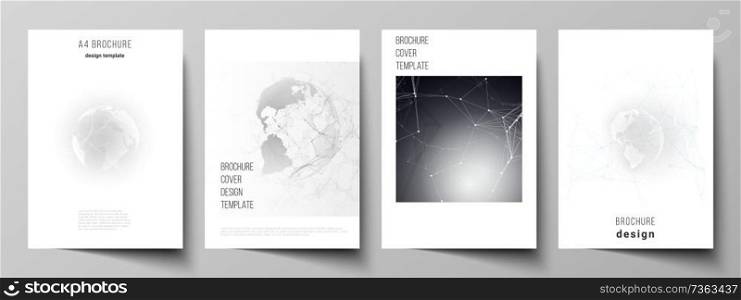 Vector layout of A4 format cover mockups design templates for brochure, flyer, booklet. Futuristic design with world globe, connecting lines and dots. Global network connections, technology concept. Vector layout of A4 format cover mockups design templates for brochure, flyer, booklet. Futuristic design with world globe, connecting lines and dots. Global network connections, technology concept.