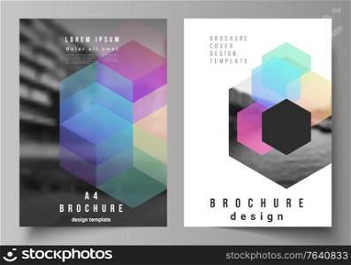 Vector layout of A4 format cover mockups design templates with abstract shapes and colors for brochure, flyer layout, booklet, cover design, book design, brochure cover. Vector layout of A4 format cover mockups design templates with abstract shapes and colors for brochure, flyer layout, booklet, cover design, book design, brochure cover.