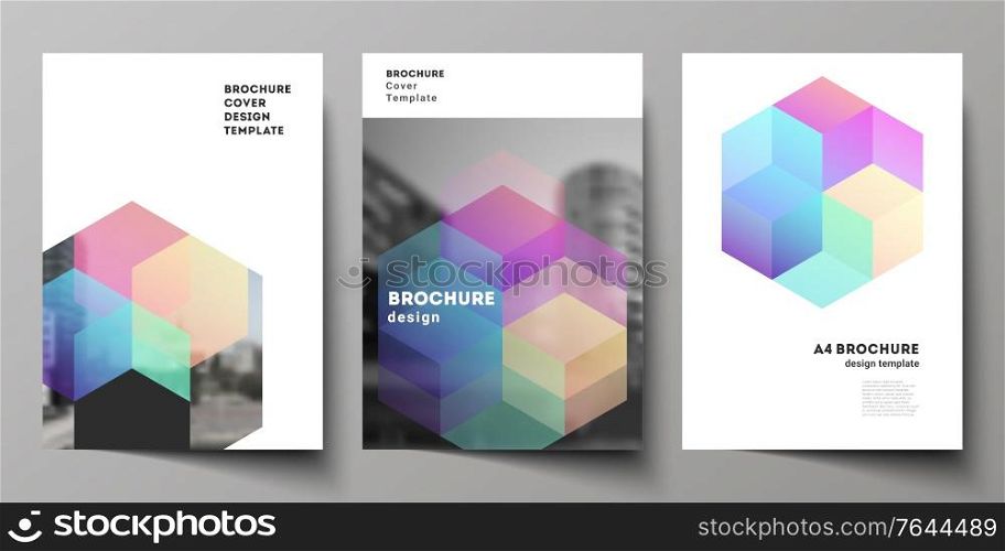 Vector layout of A4 format cover mockups design templates with abstract shapes and colors for brochure, flyer layout, booklet, cover design, book design, brochure cover. Vector layout of A4 format cover mockups design templates with abstract shapes and colors for brochure, flyer layout, booklet, cover design, book design, brochure cover.