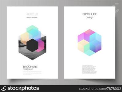 Vector layout of A4 format cover mockups design templates with colorful hexagons, geometric shapes, tech background for brochure, flyer layout, booklet, cover design, book design, brochure cover. Vector layout of A4 format cover mockups design templates with colorful hexagons, geometric shapes, tech background for brochure, flyer layout, booklet, cover design, book design, brochure cover.