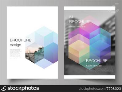 Vector layout of A4 format cover mockups design templates with colorful hexagons, geometric shapes, tech background for brochure, flyer layout, booklet, cover design, book design, brochure cover. Vector layout of A4 format cover mockups design templates with colorful hexagons, geometric shapes, tech background for brochure, flyer layout, booklet, cover design, book design, brochure cover.