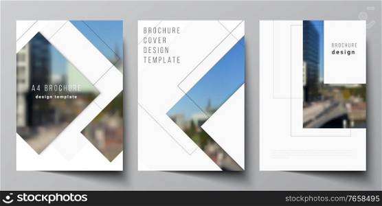 Vector layout of A4 format cover mockups design templates with geometric simple shapes, lines and photo place for brochure, flyer layout, booklet, cover design, book, brochure cover. Vector layout of A4 format cover mockups design templates with geometric simple shapes, lines and photo place for brochure, flyer layout, booklet, cover design, book, brochure cover.
