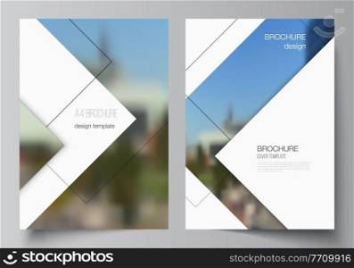 Vector layout of A4 format cover mockups design templates with geometric simple shapes, lines and photo place for brochure, flyer layout, booklet, cover design, book, brochure cover. Vector layout of A4 format cover mockups design templates with geometric simple shapes, lines and photo place for brochure, flyer layout, booklet, cover design, book, brochure cover.