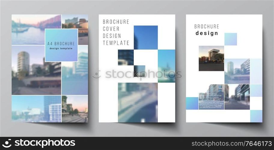 Vector layout of A4 format cover mockups templates for brochure, flyer layout, booklet, cover design, book design, brochure cover. Abstract design project in geometric style with blue squares. Vector layout of A4 format cover mockups templates for brochure, flyer layout, booklet, cover design, book design, brochure cover. Abstract design project in geometric style with blue squares.