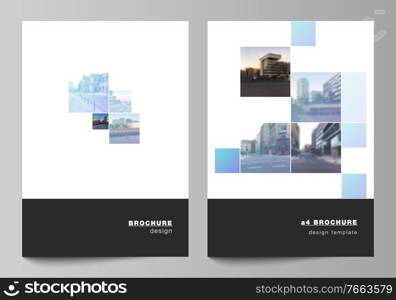 Vector layout of A4 format cover mockups templates for brochure, flyer layout, booklet, cover design, book design, brochure cover. Abstract design project in geometric style with blue squares. Vector layout of A4 format cover mockups templates for brochure, flyer layout, booklet, cover design, book design, brochure cover. Abstract design project in geometric style with blue squares.