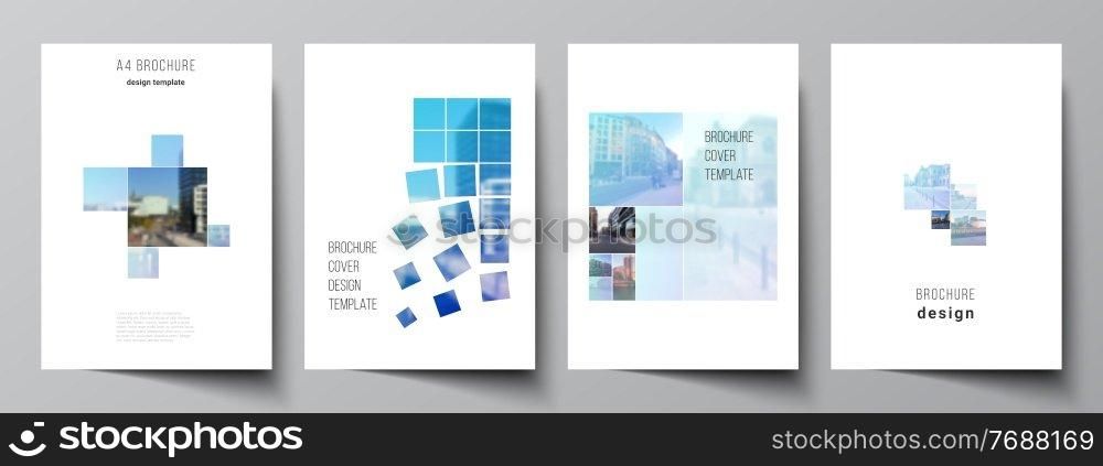 Vector layout of A4 format cover mockups templates for brochure, flyer layout, booklet, cover design, book design, brochure cover. Abstract design project in geometric style with blue squares. Vector layout of A4 format cover mockups templates for brochure, flyer layout, booklet, cover design, book design, brochure cover. Abstract design project in geometric style with blue squares.