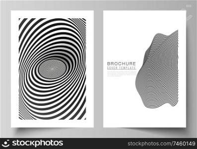 Vector layout of A4 format modern cover mockups design templates for brochure, magazine, flyer, booklet, report. Abstract 3D geometrical background with optical illusion black and white design pattern.. Vector layout of A4 format modern cover mockups design templates for brochure, magazine, flyer, booklet, report. Abstract 3D geometrical background with optical illusion black and white design pattern