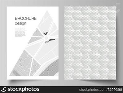 Vector layout of A4 format modern cover mockups design templates for brochure, magazine, flyer, booklet, report. Abstract geometric triangle design background using different triangular style patterns.. Vector layout of A4 format modern cover mockups design templates for brochure, magazine, flyer, booklet, report. Abstract geometric triangle design background using different triangular style patterns