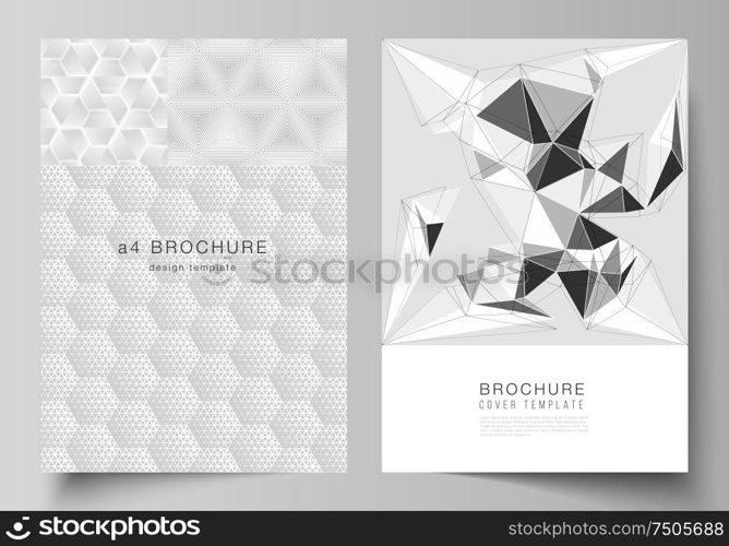 Vector layout of A4 format modern cover mockups design templates for brochure, magazine, flyer, booklet, annual report. Abstract geometric triangle design background using triangular style patterns.. Vector layout of A4 format modern cover mockups design templates for brochure, magazine, flyer, booklet, report. Abstract geometric triangle design background using different triangular style patterns