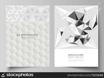 Vector layout of A4 format modern cover mockups design templates for brochure, magazine, flyer, booklet, annual report. Abstract geometric triangle design background using triangular style patterns.. Vector layout of A4 format modern cover mockups design templates for brochure, magazine, flyer, booklet, report. Abstract geometric triangle design background using different triangular style patterns