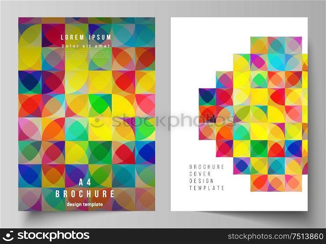 Vector layout of A4 format modern cover mockups design templates for brochure, magazine, flyer, booklet, report. Abstract background, geometric mosaic pattern with bright circles, geometric shapes. Vector layout of A4 format modern cover mockups design templates for brochure, magazine, flyer, booklet, report. Abstract background, geometric mosaic pattern with bright circles, geometric shapes.