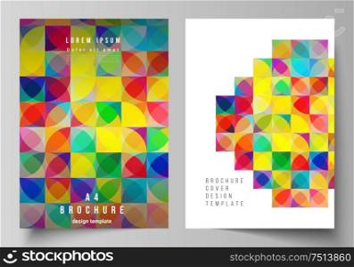 Vector layout of A4 format modern cover mockups design templates for brochure, magazine, flyer, booklet, report. Abstract background, geometric mosaic pattern with bright circles, geometric shapes. Vector layout of A4 format modern cover mockups design templates for brochure, magazine, flyer, booklet, report. Abstract background, geometric mosaic pattern with bright circles, geometric shapes.