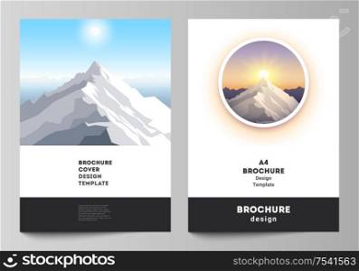 Vector layout of A4 format modern cover mockups design templates for brochure, magazine, flyer, booklet, report. Mountain illustration, outdoor adventure. Travel concept background. Flat design vector.. Vector layout of A4 format modern cover mockups design templates for brochure, magazine, flyer, booklet, report. Mountain illustration, outdoor adventure. Travel concept background. Flat design vector
