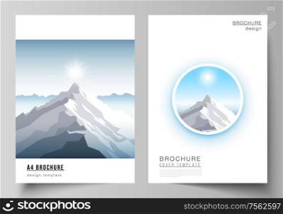 Vector layout of A4 format modern cover mockups design templates for brochure, magazine, flyer, booklet, report. Mountain illustration, outdoor adventure. Travel concept background. Flat design vector.. Vector layout of A4 format modern cover mockups design templates for brochure, magazine, flyer, booklet, report. Mountain illustration, outdoor adventure. Travel concept background. Flat design vector