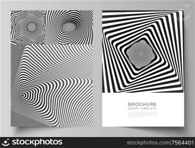 Vector layout of A4 format modern cover mockups design templates for brochure, magazine, flyer, booklet, report. Abstract 3D geometrical background with optical illusion black and white design pattern.. Vector layout of A4 format modern cover mockups design templates for brochure, magazine, flyer, booklet, report. Abstract 3D geometrical background with optical illusion black and white design pattern