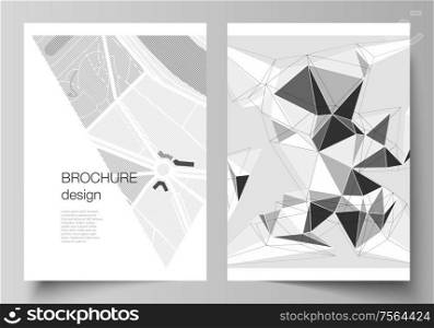 Vector layout of A4 format modern cover mockups design templates for brochure, magazine, flyer, booklet, annual report. Abstract geometric triangle design background using triangular style patterns.. Vector layout of A4 format modern cover mockups design templates for brochure, magazine, flyer, booklet, report. Abstract geometric triangle design background using different triangular style patterns