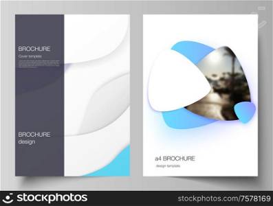Vector layout of A4 format modern cover mockups design templates for brochure, magazine, flyer, booklet, annual report. Blue color gradient abstract dynamic shapes, colorful geometric template design. Vector layout of A4 format modern cover mockups design templates for brochure, magazine, flyer, booklet, annual report. Blue color gradient abstract dynamic shapes, colorful geometric template design.