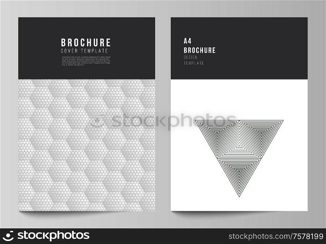 Vector layout of A4 format modern cover mockups design templates for brochure, magazine, flyer, booklet, annual report. Abstract geometric triangle design background using triangular style patterns.. Vector layout of A4 format modern cover mockups design templates for brochure, magazine, flyer, booklet, report. Abstract geometric triangle design background using different triangular style patterns