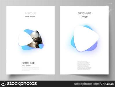Vector layout of A4 format modern cover mockups design templates for brochure, magazine, flyer, booklet, annual report. Blue color gradient abstract dynamic shapes, colorful geometric template design. Vector layout of A4 format modern cover mockups design templates for brochure, magazine, flyer, booklet, annual report. Blue color gradient abstract dynamic shapes, colorful geometric template design.
