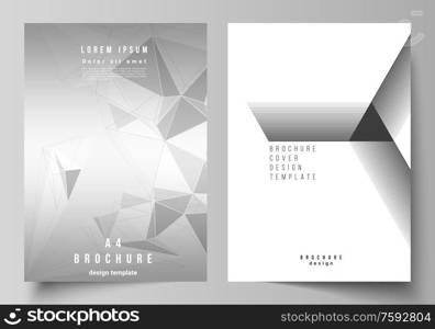 Vector layout of A4 format modern cover mockups design templates for brochure, magazine, flyer, booklet, report. Abstract geometric triangle design background using different triangular style patterns.. Vector layout of A4 format modern cover mockups design templates for brochure, magazine, flyer, booklet, report. Abstract geometric triangle design background using different triangular style patterns