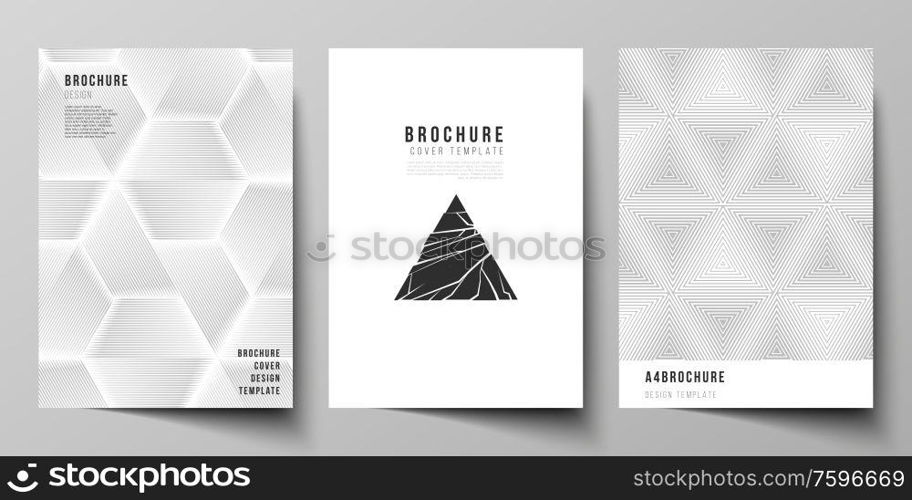 Vector layout of A4 format modern cover mockups design templates for brochure, magazine, flyer, booklet, annual report. Abstract geometric triangle design background using triangular style patterns.. Vector layout of A4 format modern cover mockups design templates for brochure, magazine, flyer, booklet, report. Abstract geometric triangle design background using different triangular style patterns