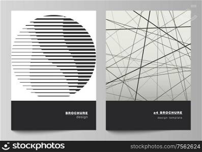 Vector layout of A4 format modern cover mockups design templates for brochure, flyer, booklet, report. Geometric abstract background, futuristic science and technology concept for minimalistic design. Vector layout of A4 format modern cover mockups design templates for brochure, flyer, booklet, report. Geometric abstract background, futuristic science and technology concept for minimalistic design.