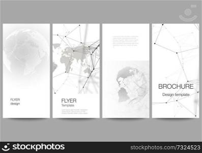 Vector layout of flyer, banner design templates. Futuristic geometric design with world globe, connecting lines and dots. Global network connections, technology digital concept. Vector layout of flyer, banner design templates. Futuristic geometric design with world globe, connecting lines and dots. Global network connections, technology digital concept.